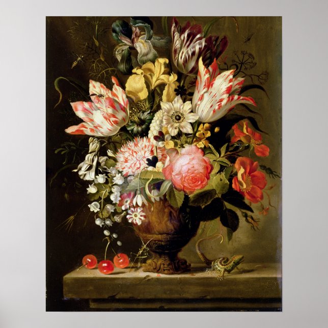 Poster Vie morte des fleurs dans un vase avec un lézard s (Devant)