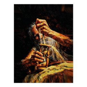 Poster Vieil Homme Sablier Temps qui s'échappe Impasto