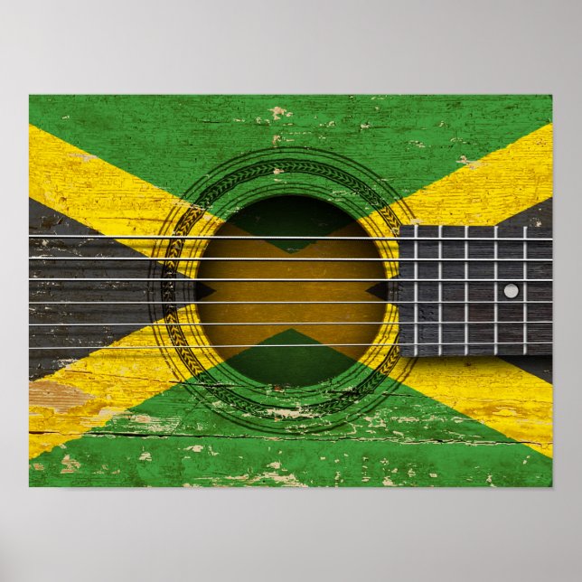 Poster Vieille guitare acoustique avec drapeau jamaïcain (Devant)