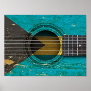 Poster Vieille guitare acoustique avec le drapeau des