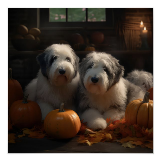 Poster Vieux anglais Sheepdog Chiot Chiot Automne Citroui (Devant)