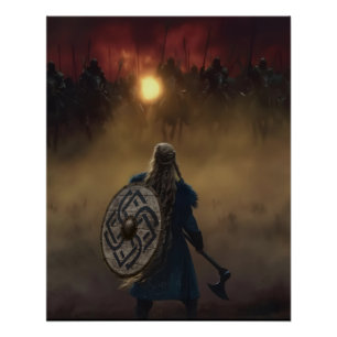 Poster Viking Woman Warrior fait face à un danger