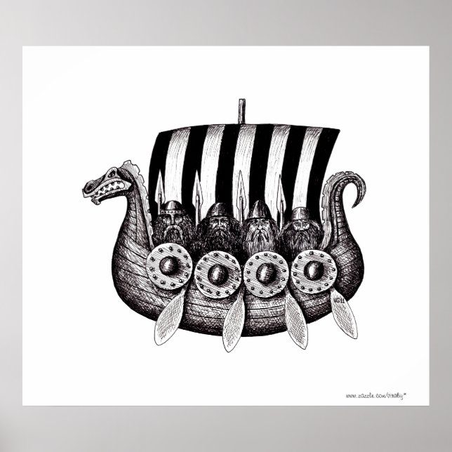 Poster Vikings en Drekar dessin à encre noire et blanche (Devant)