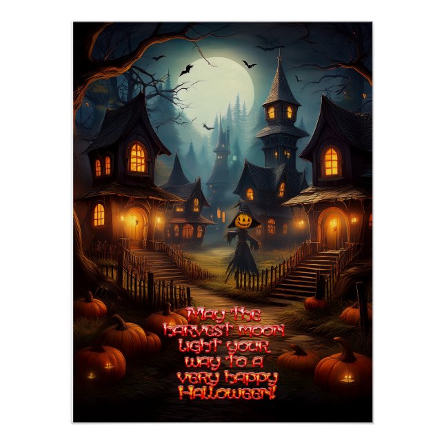 Poster Village d'Halloween effrayant avec épouvantail (Devant)