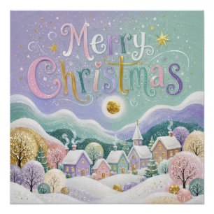 Poster Village d'hiver pastel de Noël Maisons enneigées
