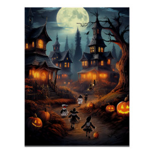 Poster Village effrayant d'Halloween avec des enfants fai