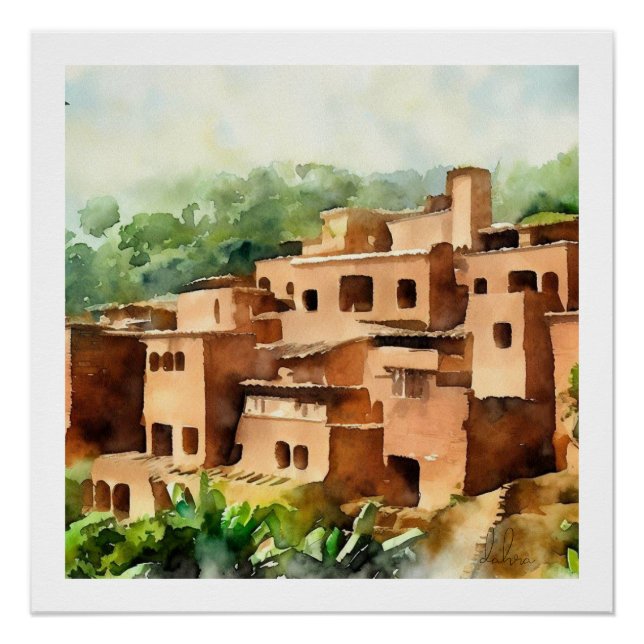 POSTER VILLAGE EN BRIQUE D'ARCHITECTURE ANCIENNE COULEUR  (Devant)