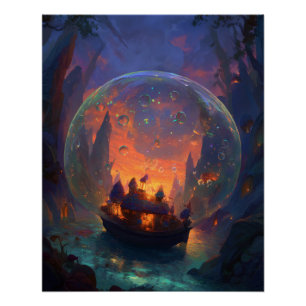 Poster Village Enchanté Resplendissant dans une Bulle de
