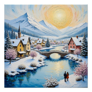 Poster Village hivernal enneigé sous un soleil doré