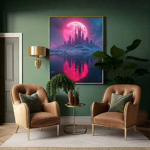 Poster Ville Alien rétro-futuriste avec Lune rose néon