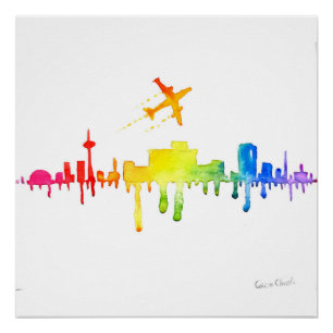 Poster Ville colorée et avion