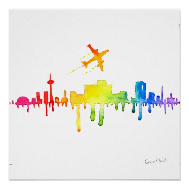 Poster Ville colorée et avion (Devant)