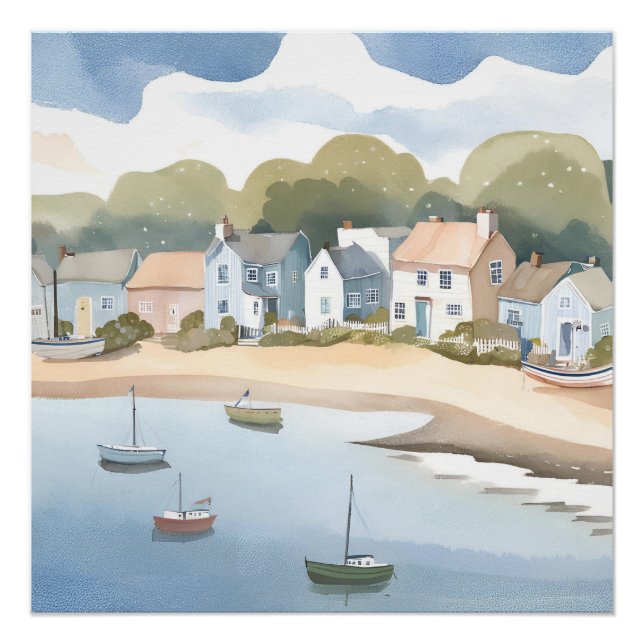 Poster Ville côtière | Peinture aquarelle aérée de plage (Devant)