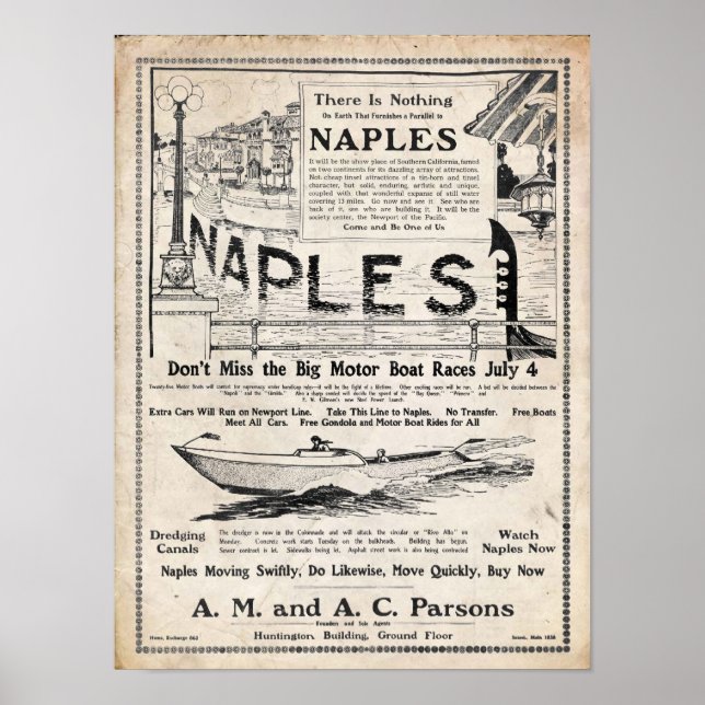Poster Vintage 1906 Naples California Construction Imprim (Devant)