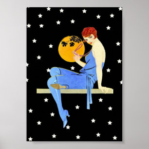 Poster Vintage 1920's Flapper Lady Moon Stars Red Hair