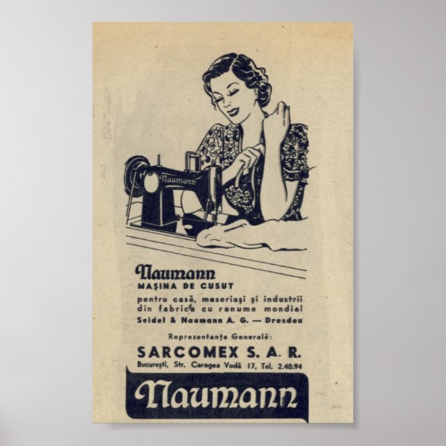 Poster Vintage 1940 Machine à coudre ad, roumain, NAUMANN (Devant)