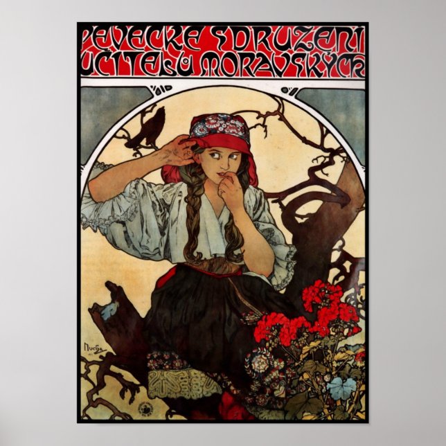 Poster Vintage Art Alfons Mucha Moravian Enseignan (Devant)