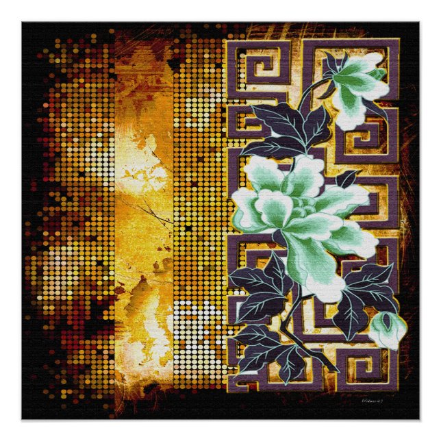 Poster Vintage Art Deco Distressed Asian Flower Design  (Devant)