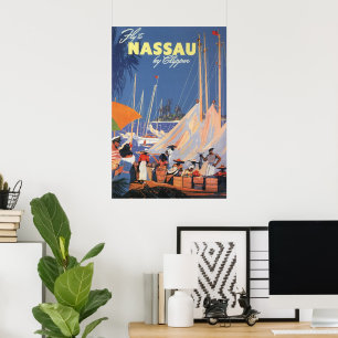 Poster Vintage Bahamas Travel Art, Fly Nassau par Clipper