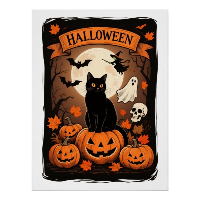 Poster Vintage Black Cat Citrouille Éffrayant Halloween (Devant)