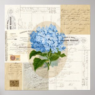 Poster Vintage Blue Hydrangea French Ephemera Print Postr