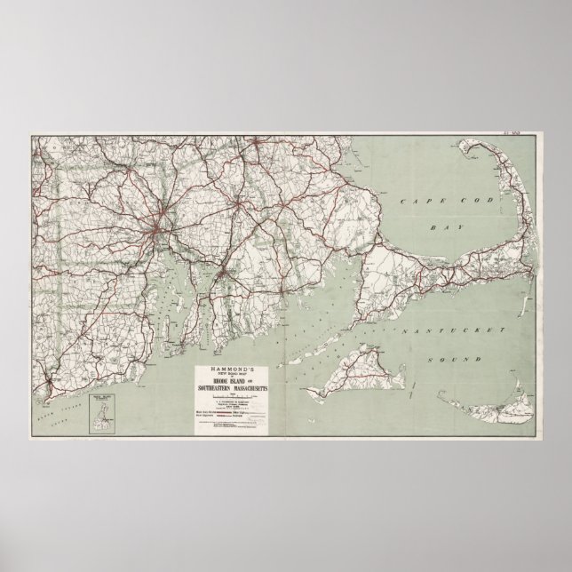 Poster Vintage Cape Cod and Rhode Island Map (1917) (Devant)