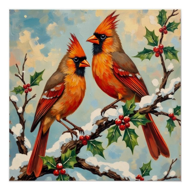 Poster Vintage Cardinal Pair on Snowy Holly Branch (Devant)