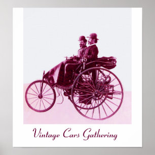 Poster Vintage Cars Gathering, violet rose blanc