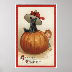 Poster Vintage chat noir avec un Casquette sorcier