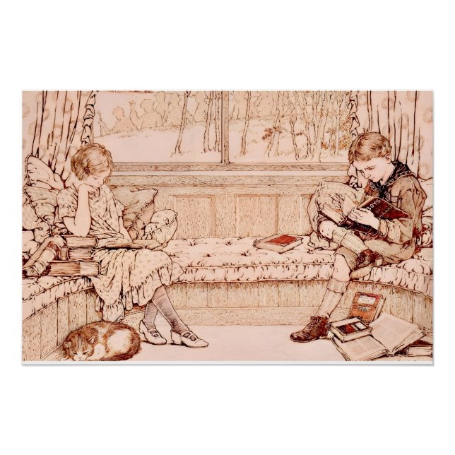 Poster Vintage Children Reading cozy Illustration  (Devant)