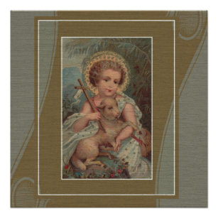 Poster Vintage Christ Enfant Jésus avec agneau et croix