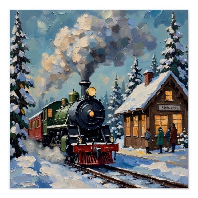 Poster Vintage Christmas Steam Train at Snowy Station (Devant)
