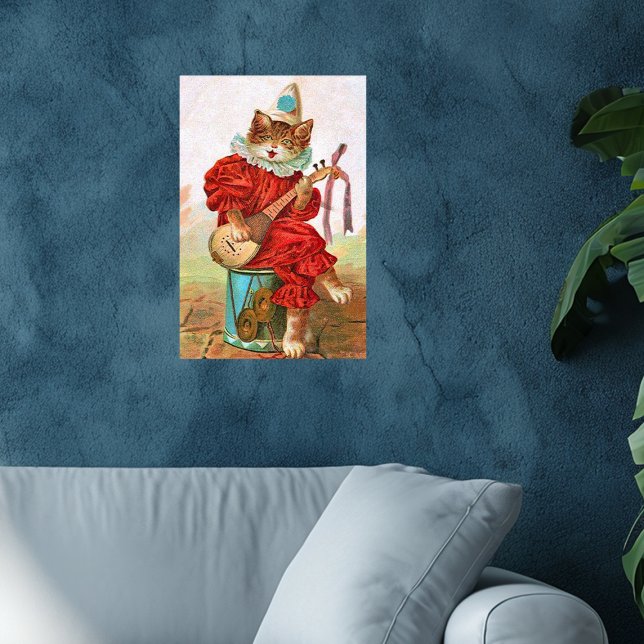 Poster Vintage Clown Jester Musicien Chat Mandolin (Cat dressed in red jester outfit sitting on drum playing mandolin on wall art poster.)