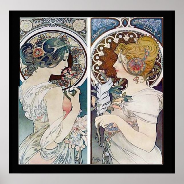 Poster vintage des 2 visages d'Alphonse Mucha (Devant)