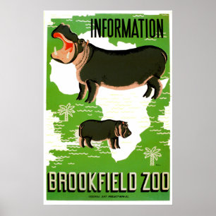 Poster vintage d'hippopotame de zoo de Brookfield