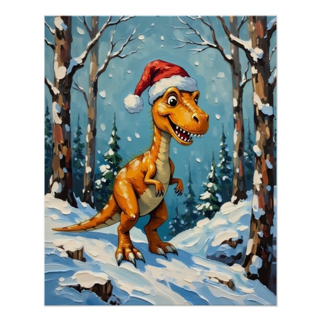 Poster Vintage Dinosaur with Santa Hat Christmas Scene (Devant)
