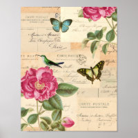 Poster vintage élégant avec rose et papillons