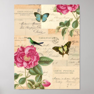Poster vintage élégant avec rose et papillons