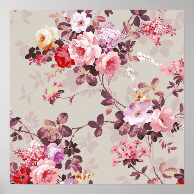 Poster Vintage Elegant Rouge Rouge Violet Rose Motif (Devant)