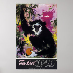 Poster Vintage Far East Gibbon Monkey Travel