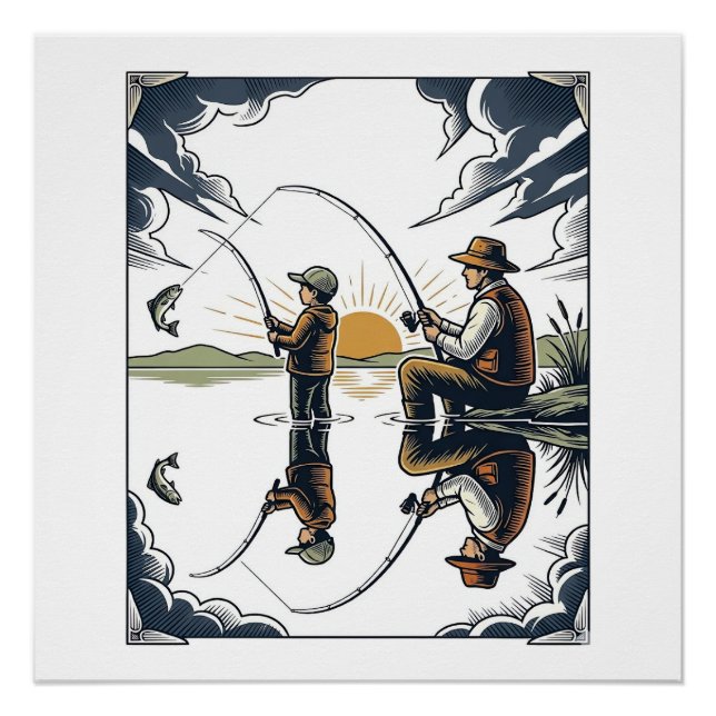 Poster Vintage Father and Child Fishing Engraving Shirt D (Devant)