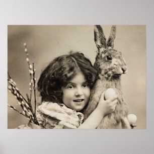 Poster Vintage fille avec lapin géant de Pâques