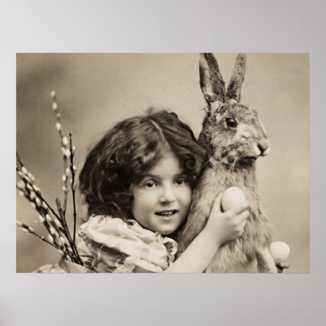 Poster Vintage fille avec lapin géant de Pâques (Devant)