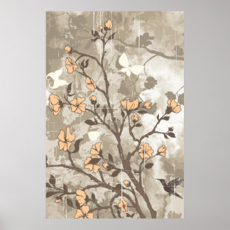 Poster Vintage fleurs pêche, taupe grunge floral personna