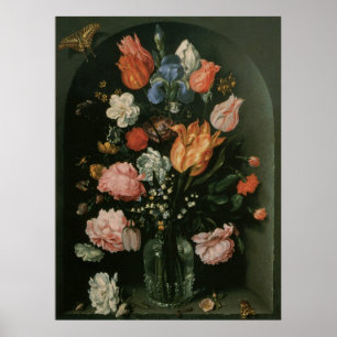 Poster Vintage Floral Baroque, Vase de fleurs dans une ni