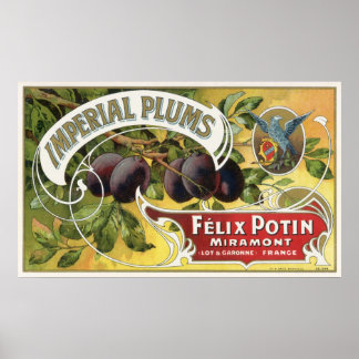Poster Vintage Fruit Crate Art Étiquette, Plums impériaux
