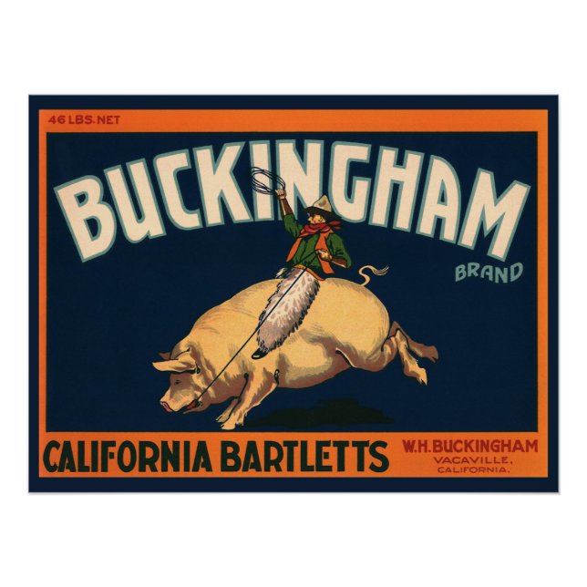 Poster Vintage Fruit Crate Étiquette Art Cowboy sur Pig R (Devant)