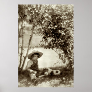 Poster vintage Garçon avec chien au repos