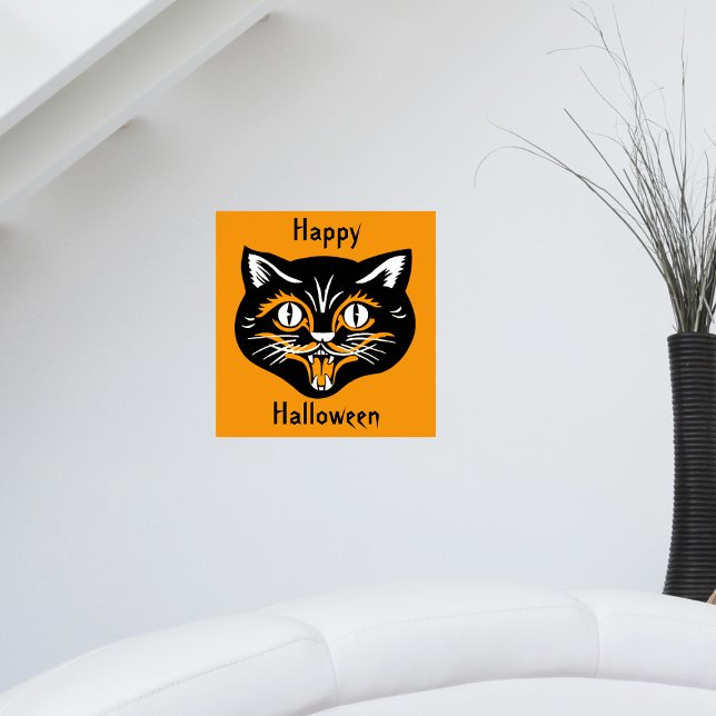 Poster Vintage Halloween Cat Face (Vintage Happy Halloween black smiling cat face on bright orange wall poster.)