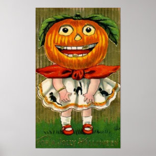 Poster Vintage Halloween Citrouille Head Girl